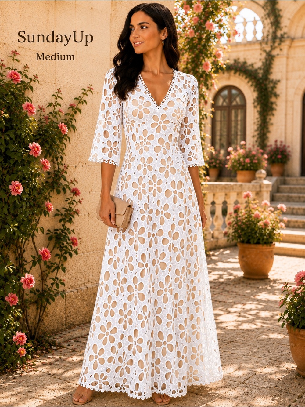 SundayUp Medium White Floral Cutwork Lace Maxi Dress Nude Lined V-Neck